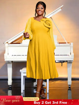 yellow v neck pleated dresses for women