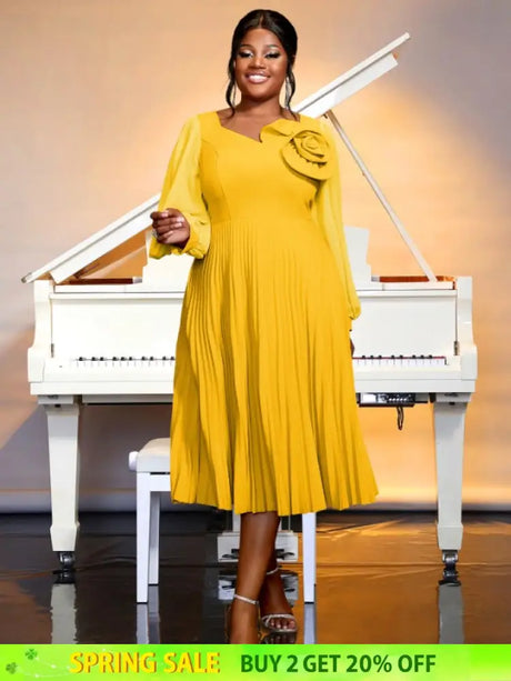 yellow v neck pleated dresses for women