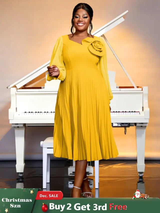 yellow v neck pleated dresses for women