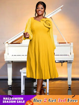 yellow v neck pleated dresses for women