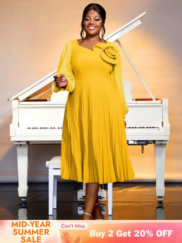 yellow v neck pleated dresses for women