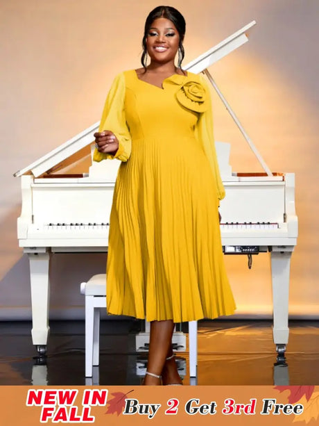 yellow v neck pleated dresses for women
