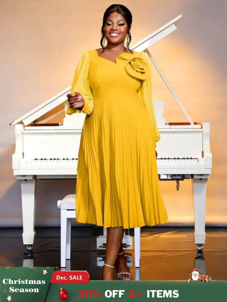 yellow v neck pleated dresses for women