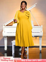 yellow v neck pleated dresses for women