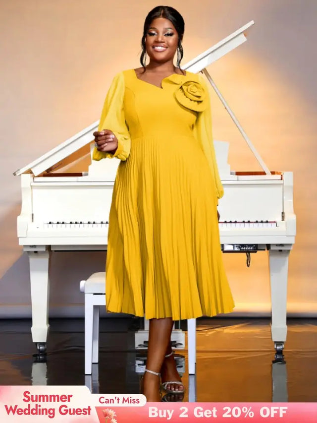 yellow v neck pleated dresses for women