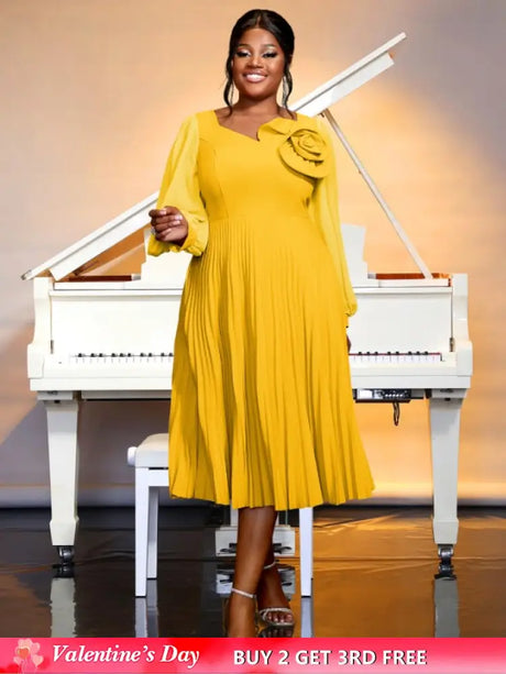 yellow v neck pleated dresses for women