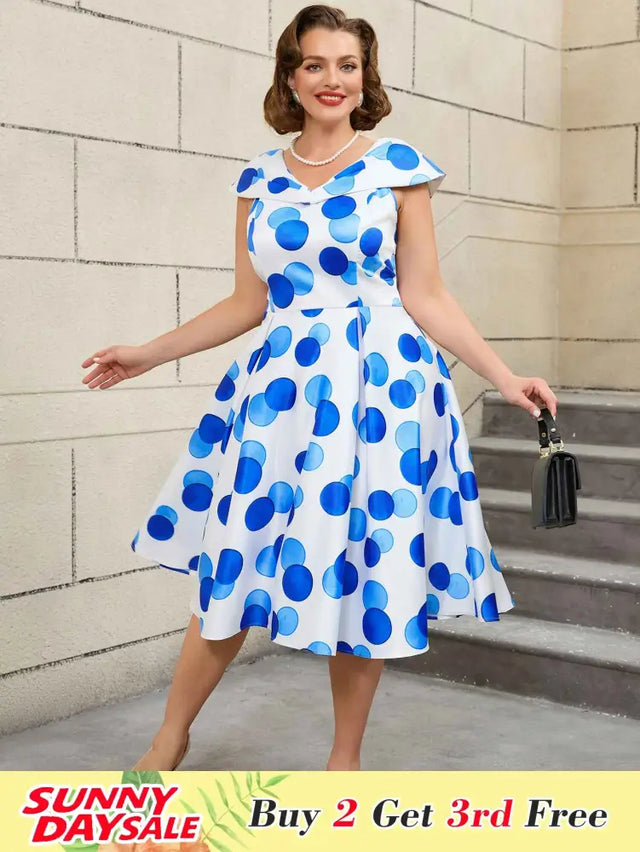 AOMEIDRESS V Neck Polka Dot A Line Retro Floral Work Dress
