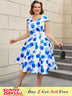 AOMEIDRESS V Neck Polka Dot A Line Retro Floral Work Dress
