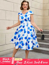 AOMEIDRESS V Neck Polka Dot A Line Retro Floral Work Dress
