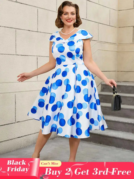 AOMEIDRESS V Neck Polka Dot A Line Retro Floral Work Dress
