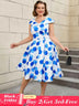 AOMEIDRESS V Neck Polka Dot A Line Retro Floral Work Dress
