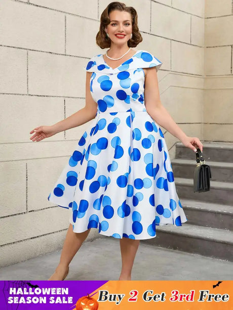 AOMEIDRESS V Neck Polka Dot A Line Retro Floral Work Dress

