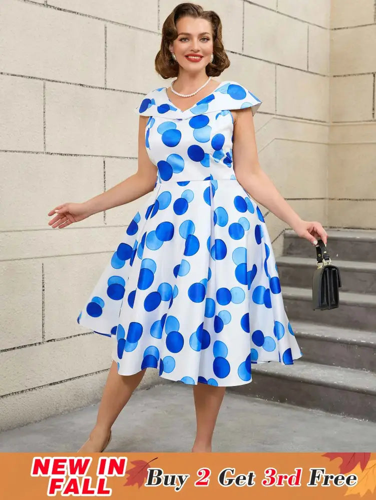 AOMEIDRESS V Neck Polka Dot A Line Retro Floral Work Dress
