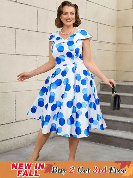 AOMEIDRESS V Neck Polka Dot A Line Retro Floral Work Dress
