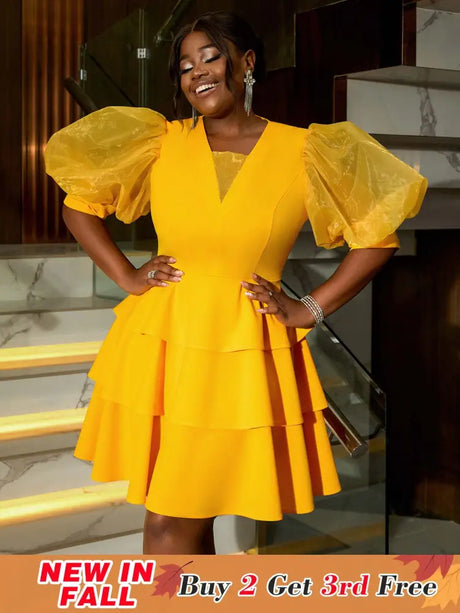 AOMEIDRESS V Neck Puff Sleeve Tiered A Line Yellow Guest Dress
