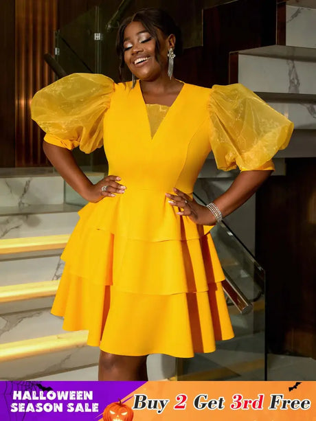 AOMEIDRESS V Neck Puff Sleeve Tiered A Line Yellow Guest Dress
