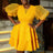 AOMEIDRESS V Neck Puff Sleeve Tiered A Line Yellow Guest Dress
