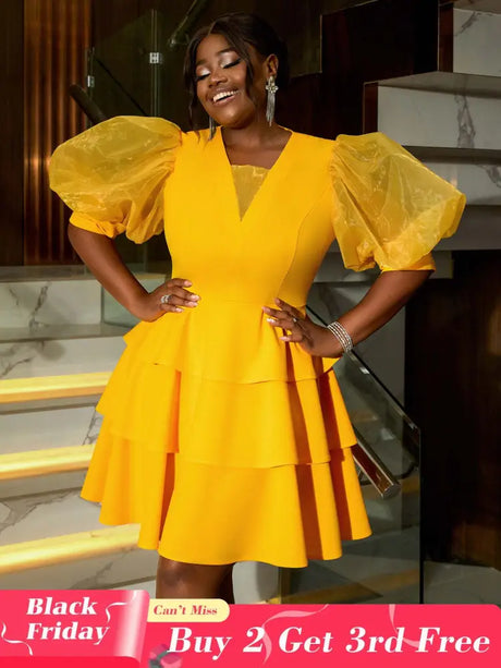 AOMEIDRESS V Neck Puff Sleeve Tiered A Line Yellow Guest Dress
