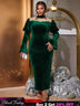 AOMEIDRESS Velvet Dress Mock Neck Mesh Patchwork Beading Long Sleeve Green / S