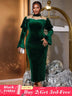 AOMEIDRESS Velvet Dress Mock Neck Mesh Patchwork Beading Long Sleeve Green / S