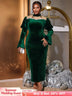 AOMEIDRESS Velvet Dress Mock Neck Mesh Patchwork Beading Long Sleeve Green / S