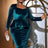 AOMEIDRESS Velvet Dress Square Collar Long Sleeves Nail Bead Peplum Blue / S