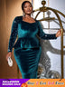 AOMEIDRESS Velvet Dress Square Collar Long Sleeves Nail Bead Peplum Blue / S