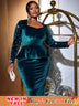 AOMEIDRESS Velvet Dress Square Collar Long Sleeves Nail Bead Peplum Blue / S