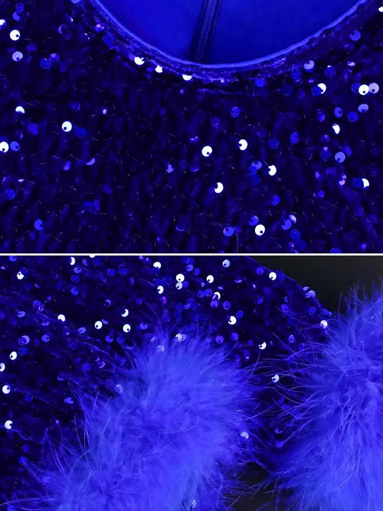 Glitter Sequin Design and Feather Decor Cuff sequin bodycon dress