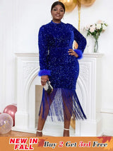Navy Blue long sleeve formal dresses sequin midi dress
