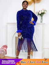 Navy Blue long sleeve formal dresses sequin midi dress