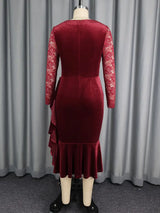 AOMEIDRESS Velvet Mermaid Dress Sweetheart Neck Lace Sleeves Ruffles