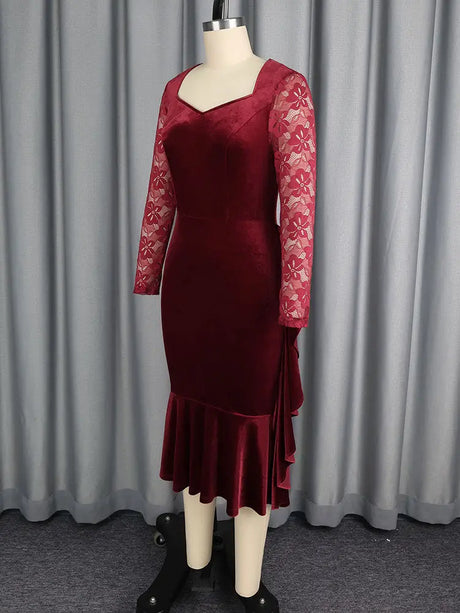 AOMEIDRESS Velvet Mermaid Dress Sweetheart Neck Lace Sleeves Ruffles