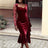 AOMEIDRESS Velvet Mermaid Dress Sweetheart Neck Lace Sleeves Ruffles Wine / S