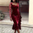 AOMEIDRESS Velvet Mermaid Dress Sweetheart Neck Lace Sleeves Ruffles Wine / S