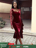 AOMEIDRESS Velvet Mermaid Dress Sweetheart Neck Lace Sleeves Ruffles Wine / S