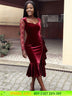 AOMEIDRESS Velvet Mermaid Dress Sweetheart Neck Lace Sleeves Ruffles Wine / S