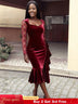 AOMEIDRESS Velvet Mermaid Dress Sweetheart Neck Lace Sleeves Ruffles Wine / S
