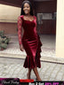 AOMEIDRESS Velvet Mermaid Dress Sweetheart Neck Lace Sleeves Ruffles Wine / S