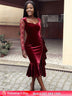AOMEIDRESS Velvet Mermaid Dress Sweetheart Neck Lace Sleeves Ruffles Wine / S