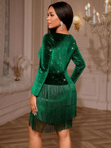 AOMEIDRESS Velvet Tassel Bodycon Dress Fringe Hem Christmas Gowns