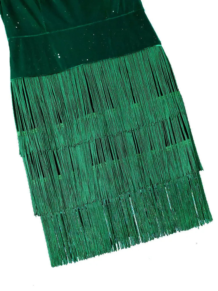 AOMEIDRESS Velvet Tassel Bodycon Dress Fringe Hem Christmas Gowns