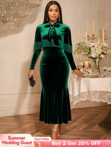 AOMEIDRESS Velvet Two Piece Set Tassel Cape with Bodycon Mermaid Dress DarkGreen / S