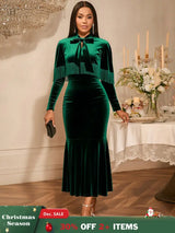 AOMEIDRESS Velvet Two Piece Set Tassel Cape with Bodycon Mermaid Dress DarkGreen / S
