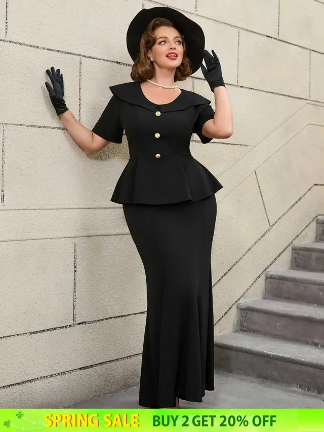 Black Ruffle Hem Short Sleeve Mermaid Vintage Suit Set

