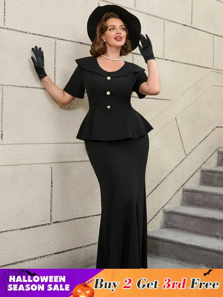 Black Ruffle Hem Short Sleeve Mermaid Vintage Suit Set

