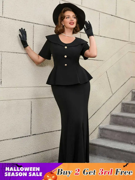 Black Ruffle Hem Short Sleeve Mermaid Vintage Suit Set

