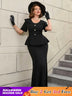 Black Ruffle Hem Short Sleeve Mermaid Vintage Suit Set

