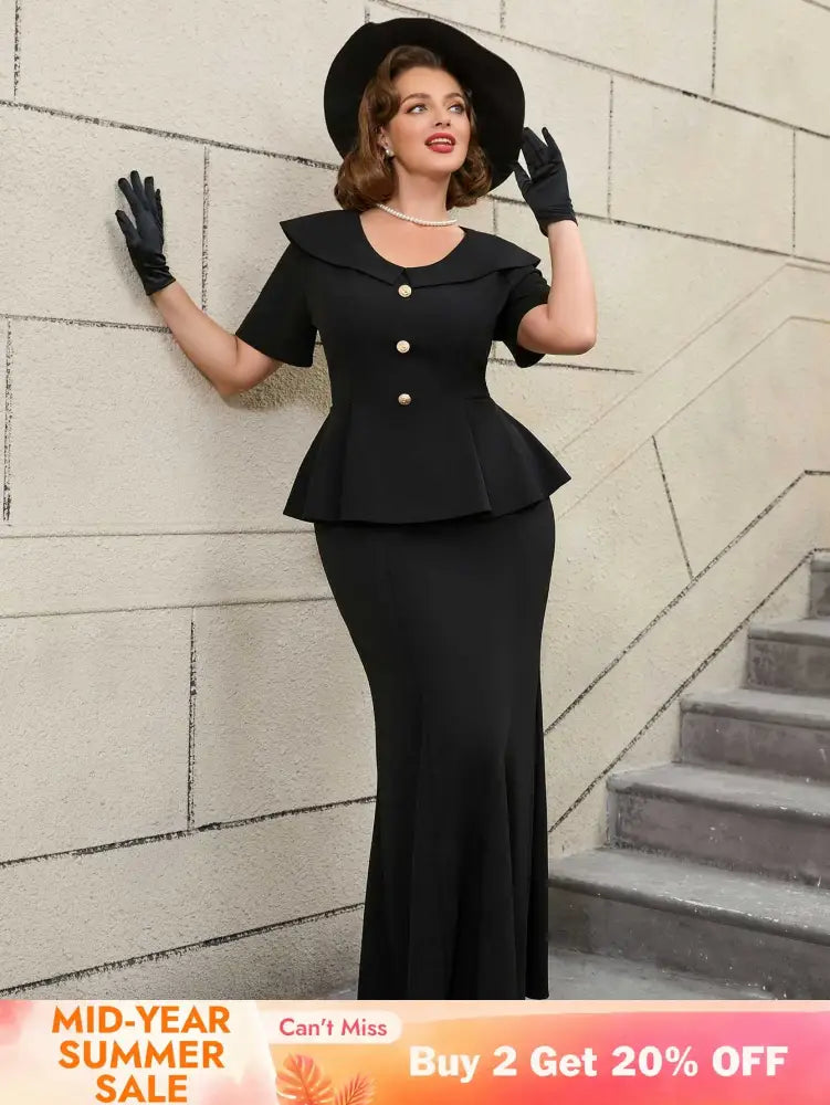 Black Ruffle Hem Short Sleeve Mermaid Vintage Suit Set

