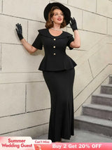 Black Ruffle Hem Short Sleeve Mermaid Vintage Suit Set

